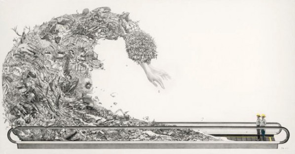 In God's Hands by Zhao Na, 2011; painting, pencil, colored pencil, paper, 1000X1900mm