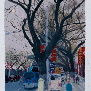 Wang Yuping, “Gu Lou East Street”, acrylic and oil pastel, 58 x 68 cm, 2011