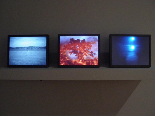 BILL VIOLA-Poem A, 2005; Color video triptych on LCD flat panels mounted on shelf, 14 x 51 x 10 inches; 35.5 x 129.5 x 25.4 cm