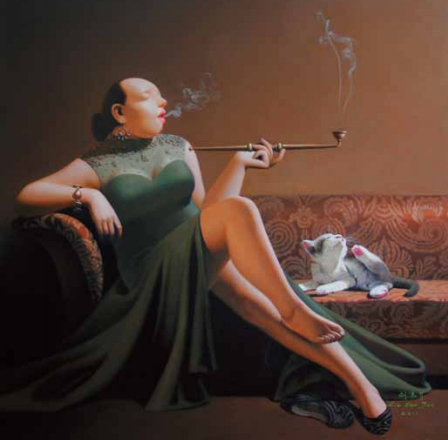 Liu Baojun-Pipe-Smoking Woman, No. 109, 2011; oil on canvas, 70X70cm