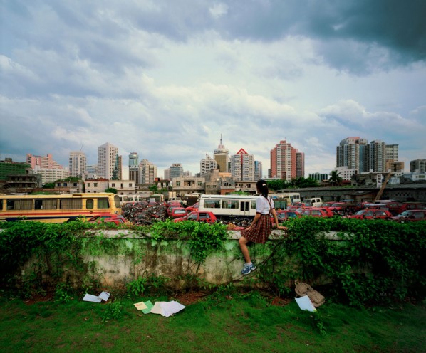 02 Weng Fen, Haikou, from the “Sitting on the Wall” series, 2002, Digital chromogenic print, 15 1/2 x 18 3/4 in