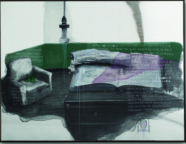 Green Wall:The Study No.1 by Zhang Xiaogang, 2009; stainless steel plate, silkscreen prints, oil and silver pen, 150 × 200 cm Green Wall:The Study No.1 by Zhang Xiaogang, 2009; stainless steel plate, silkscreen prints, oil and silver pen, 150 × 200 cm