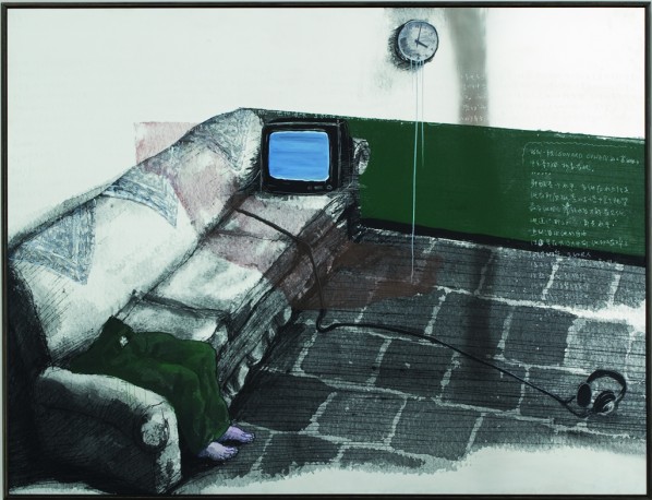 Green Wall-The Parlourby Zhang Xiaogang, 2009; stainless steel plate, silkscreen prints, oil and silver pen, 150 x 200 cm Green Wall-The Parlourby Zhang Xiaogang, 2009; stainless steel plate, silkscreen prints, oil and silver pen, 150 x 200 cm