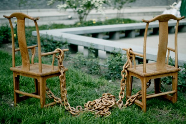 Ye Sen, Pair of Chairs, 2012; Jichimu wood, 110 x 80 x 20 cm