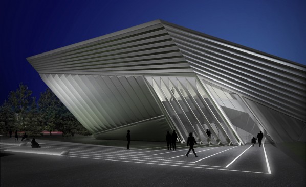 View of the west facade and plaza at night at the Eli and Edythe Broad Art Museum. Courtesy of Zaha Hadid Architects. View of the west facade and plaza at night at the Eli and Edythe Broad Art Museum. Courtesy of Zaha Hadid Architects.