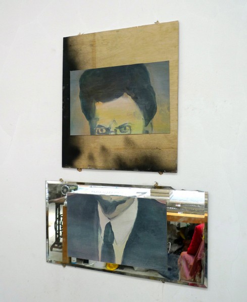 A Face in Two Halves, 2012; cut painting, wood, mirror