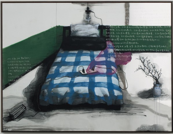 Green Wall: Bedroom by Zhang Xiaogang, 2009; stainless steel plate, silkscreen prints, oil and silver pen, 150 x 200 cm Green Wall: Bedroom by Zhang Xiaogang, 2009; stainless steel plate, silkscreen prints, oil and silver pen, 150 x 200 cm