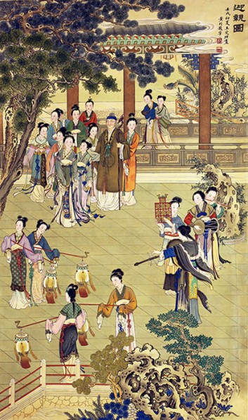 Wang Dingli, The Figure of Welcoming the Relatives, 1982; ink and color on silk, 133.5x78.5c m