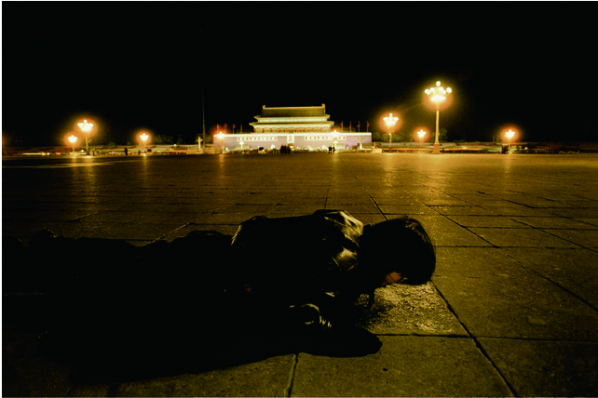 Song Dong, Breathing 01, 1996; color photograph of his performance, 120x80cm