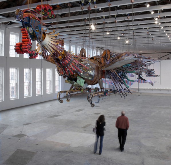 The internally illuminated 12-ton birds are suspended mid-air inside the museum’s football field-sized Building 5. Courtesy artdaily.com