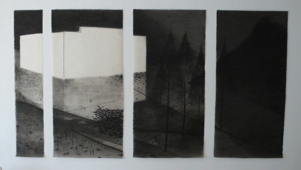 Shen Qin, Black Ink Painting -Metasequoia-White House, 2013; ink on rice paper, 135×2cm, 135×65cm×3