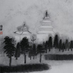 Zhu Yamei, “Ancient Towers”, 48 x 50 cm, ink and wash on paper, 2012