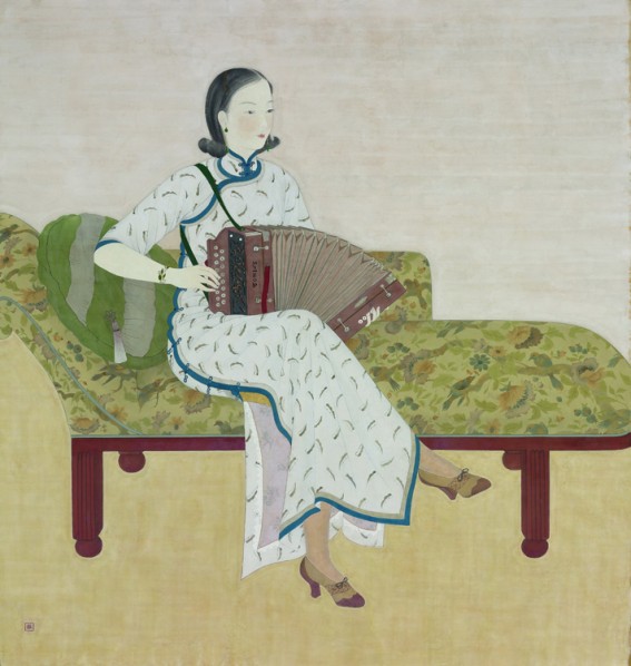 CHEN Chin, Acoordion, Gouache on silk, 180x170cm, 1935, Collection of Taipei Fine Arts Museum