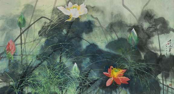 Yuan Yunfu, “Morning Lotus”, colored ink on paper, 2012