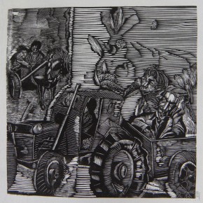 054 Wang Huaxiang, “A Tractor Runs across the Street”, woodblock print, 60 x 59 cm, 1990