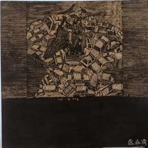 104 Wang Huaxiang, “Urban Cars No.2”, black and white woodblock print, 92 x 92 cm, 2004
