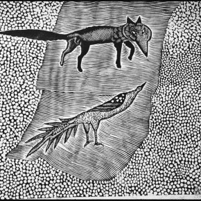 107 Wang Huaxiang, “Telling Lies to Foxes”, black and white woodblock print, 30 x 38 cm, 1996