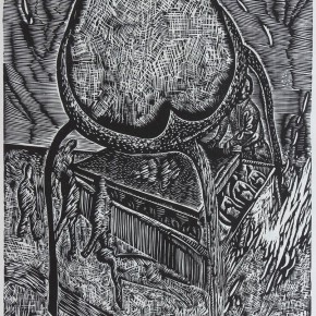 113 Wang Huaxiang, “Privacy”, black and white woodblock print, 51.5 x 62 cm. 1996