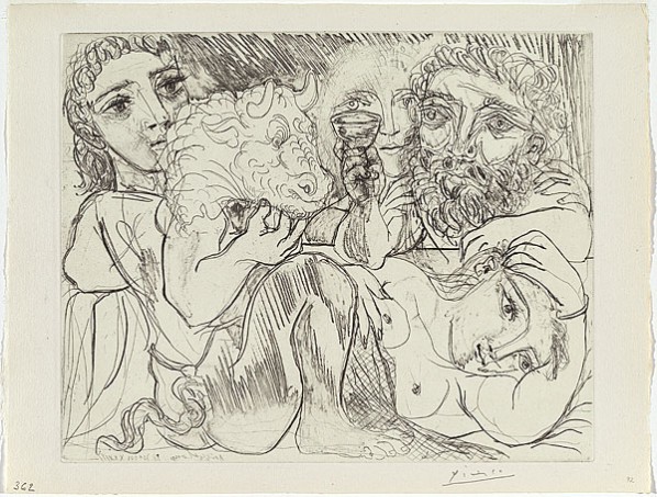 PABLO PICASSO, Minotaur, buveur et femmes. (Minotaur, man drinking and women); intaglio etching, 1933