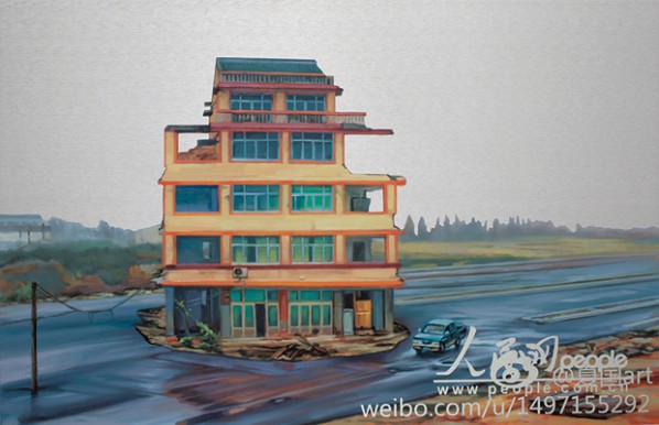 Xie Xiaoze, November 21, 2012, Wenling, Zhejiang (Nail House No.1), 2013; Oil on aluminum panel, 52x80cm