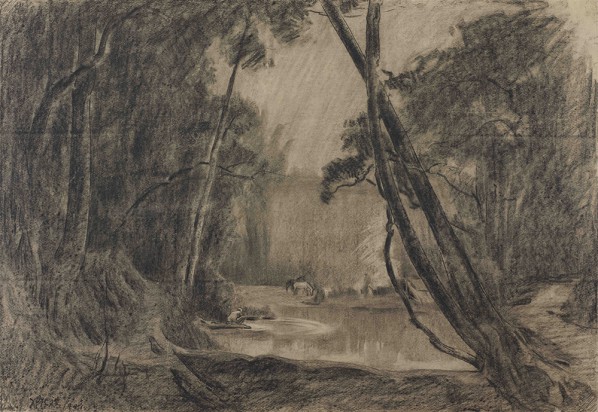 Feng Fasi, Cooking and Washing in the Forest, 1942; charcoal on paper, 53.7x78.2cm