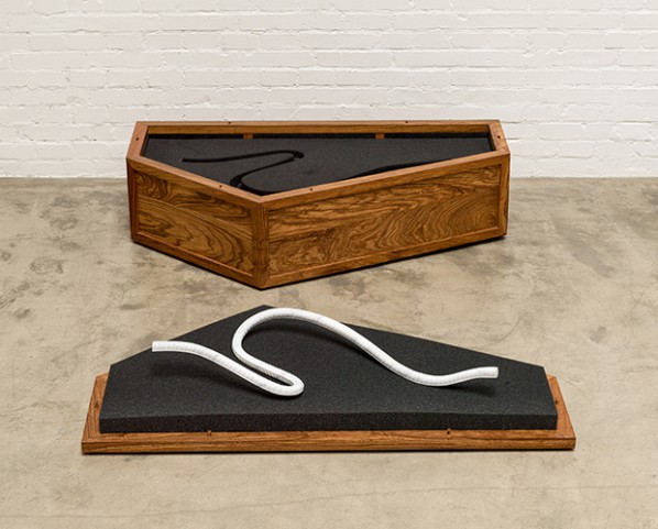 Ai Weiwei, Rebar Casket and Marble Rebar-3, 2014; Huali wood and marble, Rebar casket 25x112x72cm, Marble rebar 9x65x55cm