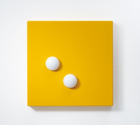 Chen Hui-Chiao, The Hermit, Steel, Ping-Pong Balls, and Yellow Spray Paint, 25x25cmx3.5cm, 2014