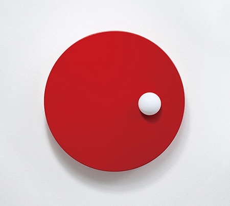 Chen Hui-Chiao, The Wheel of Fortune, Steel, Ping-Pong Ball, and Red Spray Paint, 25x25cmx3.5cm, 2014