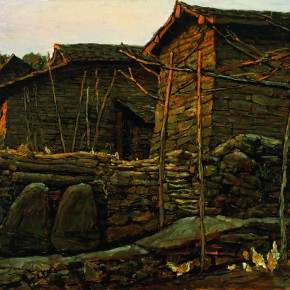 05 Sun Jingbo, “Yi Stone Houses of Gui Mountain in Yunnan”, oil on paper, 54 x 79 cm, 1978