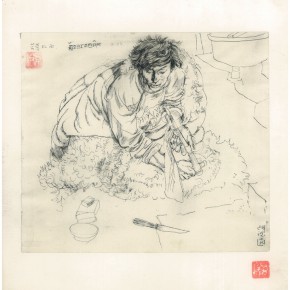 105 Sun Jingbo, “Ronglaozhaxi Sitting on the Side of the Fireplace”, pen on paper, 24 x 26 cm, 1979