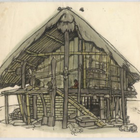 146 Sun Jingbo, “A Hut of Jingpo Mountain”, pen and light color on paper, 24 x 26 cm, 1982