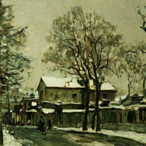 55 Sun Jingbo, “Early Snow of Beijing Shuaifuyuan Back Street in 1978”, oil on paper, 39 x 54 cm, 1978