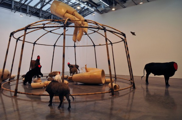 Huang Yongping, Circus, 2012; Wood, bamboo, taxidermy animals, resin, steel, cord and cloth, 841.1×1000.1×1000.1cm