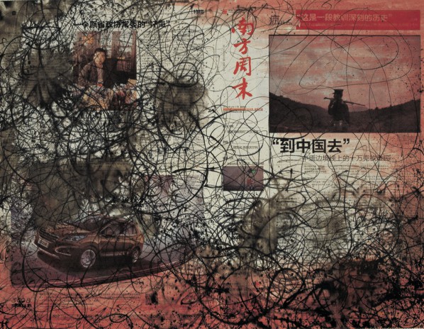 Wang Huangsheng, “Threading Apparition • Southern Weekly, 2013.1.17 No.1”, ink on newspaper, 69.5 x 54 cm, 2013