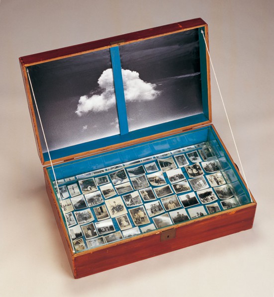 Chen Shun-Chu, Family Black Boxes-Familty Aquarium, 1992; Black and white photos, Antique Box, Glass, Water, Paint, Cotton Thread, 23x60x39cm, Collection of Fukuoka Asian Art Museum