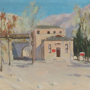 72 Wen Lipeng, Site of the Forum of Art and Literature in Yan’an, oil on cardboard, 27.9 x 36.1 cm, 1974