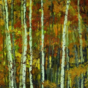 80 Wen Lipeng, In the Birch Forest, oil on cardboard, 39.5 x 32.8 cm, 1980