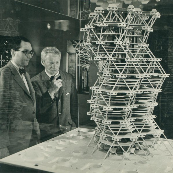 Louis Kahn in front of a model of the City Tower Project in an exhibition at Cornell University, Ithaca, New York, February 1958 © Sue Ann Kahn