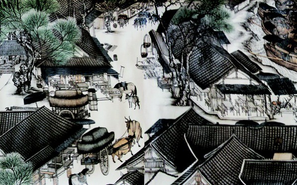 Lu Hao, “Details of the Riverside Scene at Qingming Festival without a Man”, Gong-bi on silk, 1000 x 50 cm