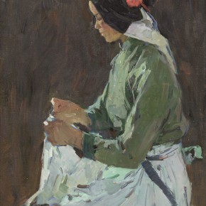 98 Ma Changli, The Young Woman Sewing, oil on cardboard, 51.5 x 39.5 cm, 1981