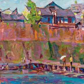 44 Luo Erchun, Riverside of the Phoenix Town, oil painting, 60 x 70 cm, 2014