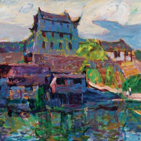 61 Luo Erchun, A Tower Over a City Gate, oil painting, 60 x 73 cm, 2008