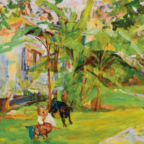 67 Luo Erchun, The Child and a Dog in the Lawn, oil painting, 80 x 100 cm, 2014