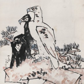 89 Luo Erchun, Double Eagles with Pine Trees and Stone Figure, Chinese painting, 100 x 99 cm, 1983