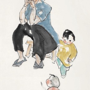91 Luo Erchun, Two Children and the Mother, Chinese painting, 69 x 46 cm, 2014