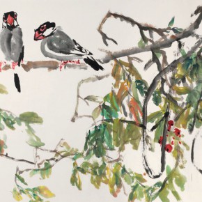 94 Luo Erchun, Grosbeak, Chinese painting, 97 x 180 cm, 2005