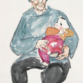 Luo Erchun, The Grandma Holding a Baby, Chinese painting, 98 x 60 cm, 2014