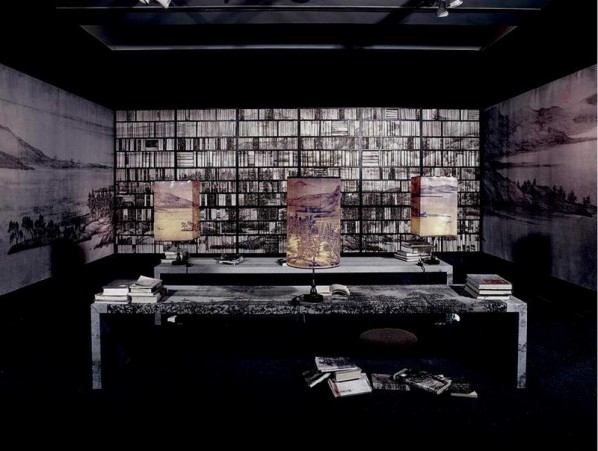 Lv Shengzhong, Landscape Study Books, 468x156x273 inches, bookshelves, tables, wood, lamps, Chinese paintings, and other materials, installation, 2003