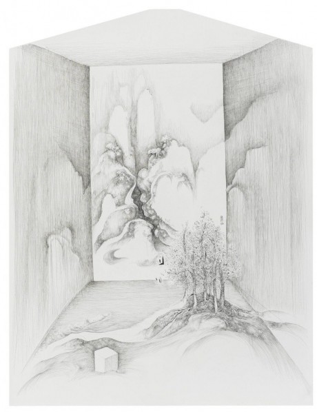 Lin Guocheng,“Open the door and see the mountain II – Await to cross the creek by Feng Chaoran”, Pen and Chinese ink on paper, 150x115cm, 2015 Lin Guocheng,“Open the door and see the mountain II – Await to cross the creek by Feng Chaoran”, Pen and Chinese ink on paper, 150x115cm, 2015