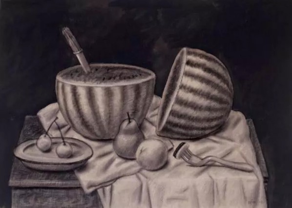 Fernando Botero, Still Life With Watermelon (2003), Charcoal on canvas, 99 X 140cm